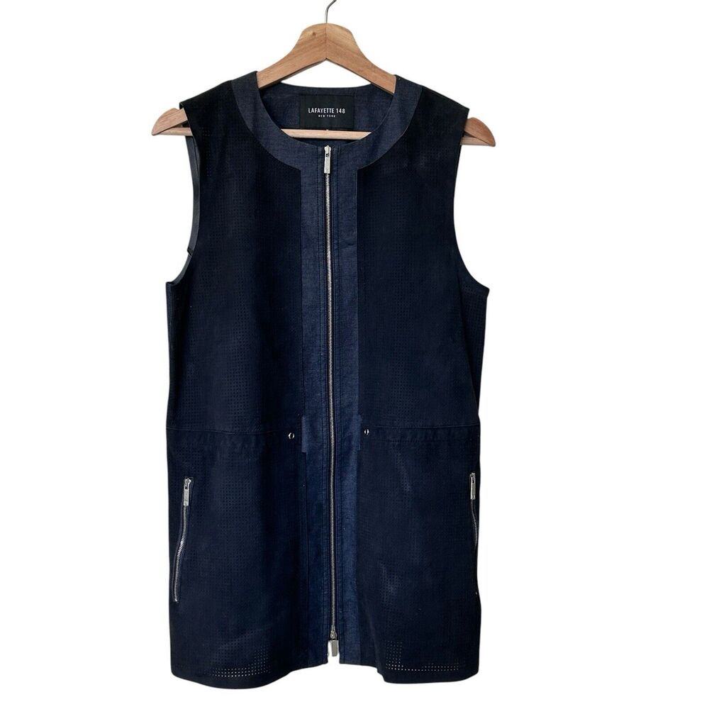 lafayette 148 new york M Leather Full Zip Sleeveless Navy Blue Vest Jacket